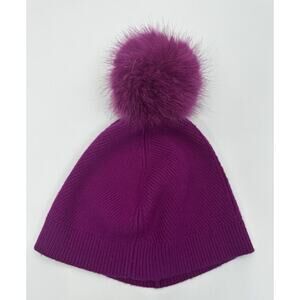 L.K. Bennett London Wool Cashmere Beanie Hat Purple Fur Pom One Size